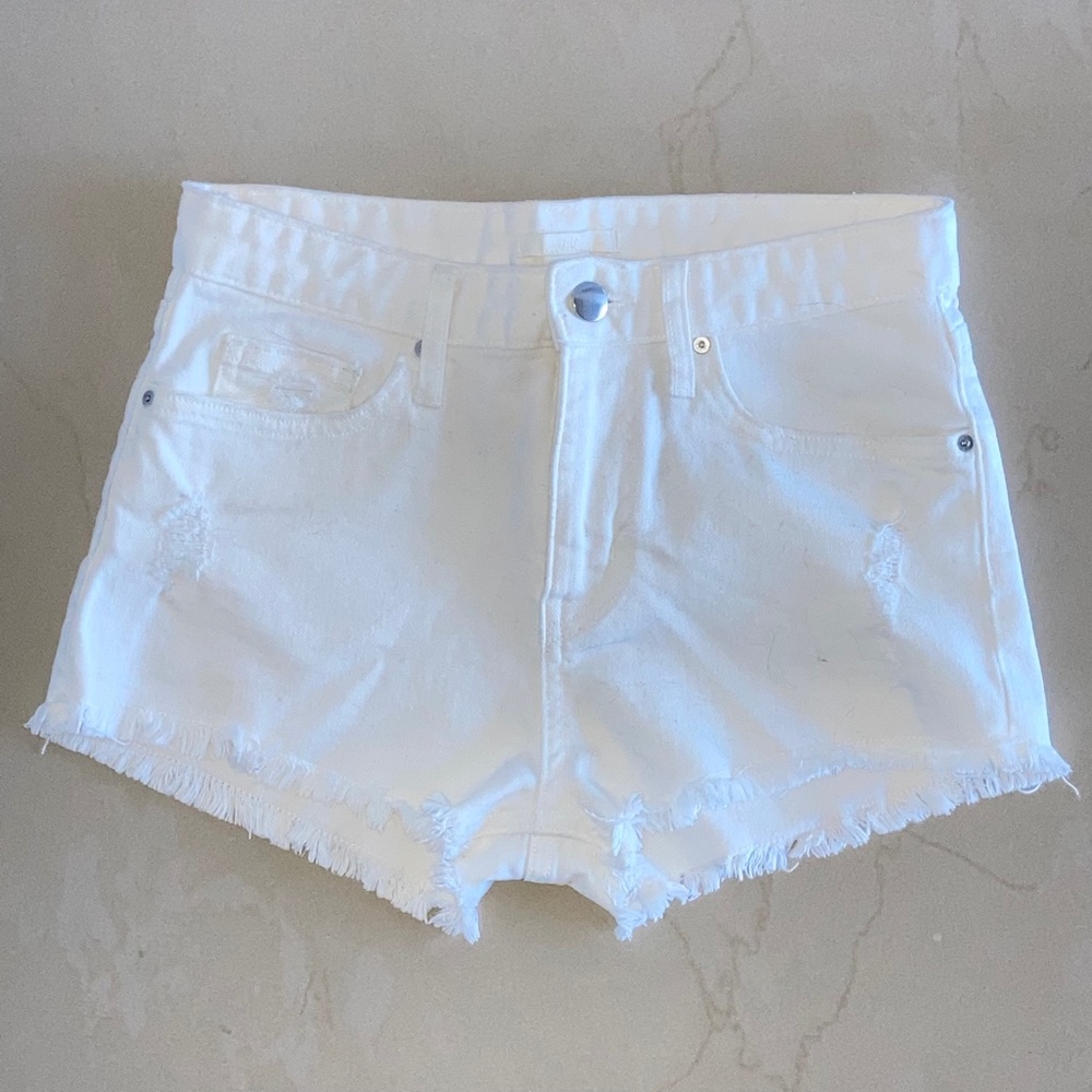H&M White Denim Distressed Fringe Cut Off Cheeky Jean Shorts EUC Like New XS 2